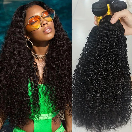 Kinky Curly Human Hair Bundles Extensions Natural Color